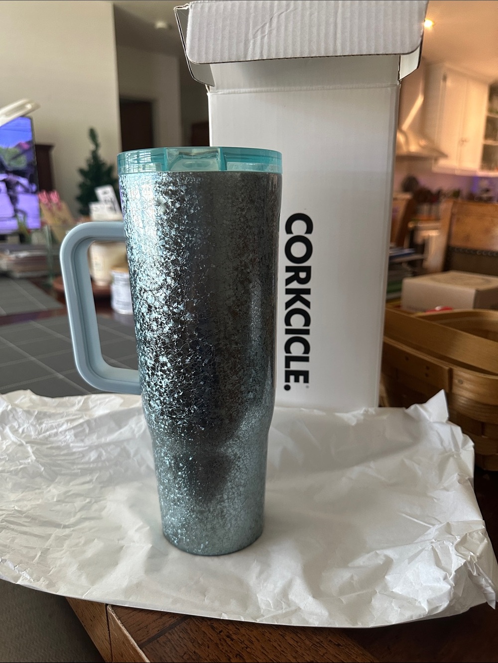 Corkcicle Travel Mug - Silver Blue Body with Teal Lid and Light Blue Handle